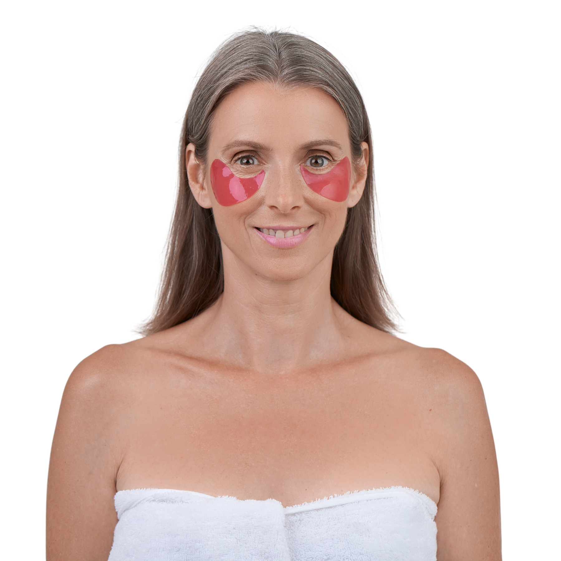 Frau mit aufgelegten Rotalgen Augenpads gegen ihre Tränensäcke und Augenringe